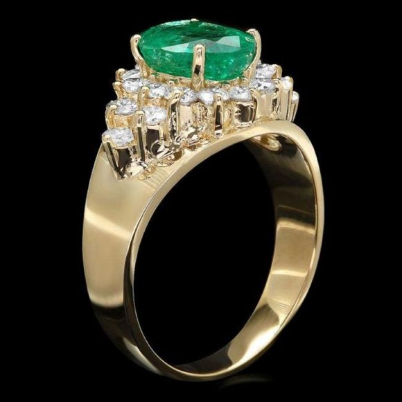 Cushion Cut Emerald And Genuine Diamond Halo Engagement Ring  2.40Ct Natural Emerald & Diamond 14KY Gold Ring